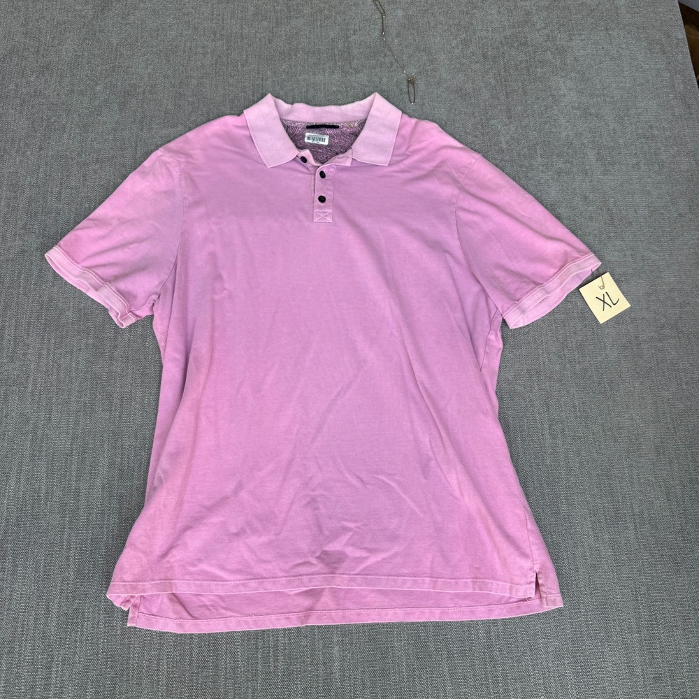 Elie Tahari Polo Shirt Mens XL Pink Paisley Trim Stretch High Low Slit Popover